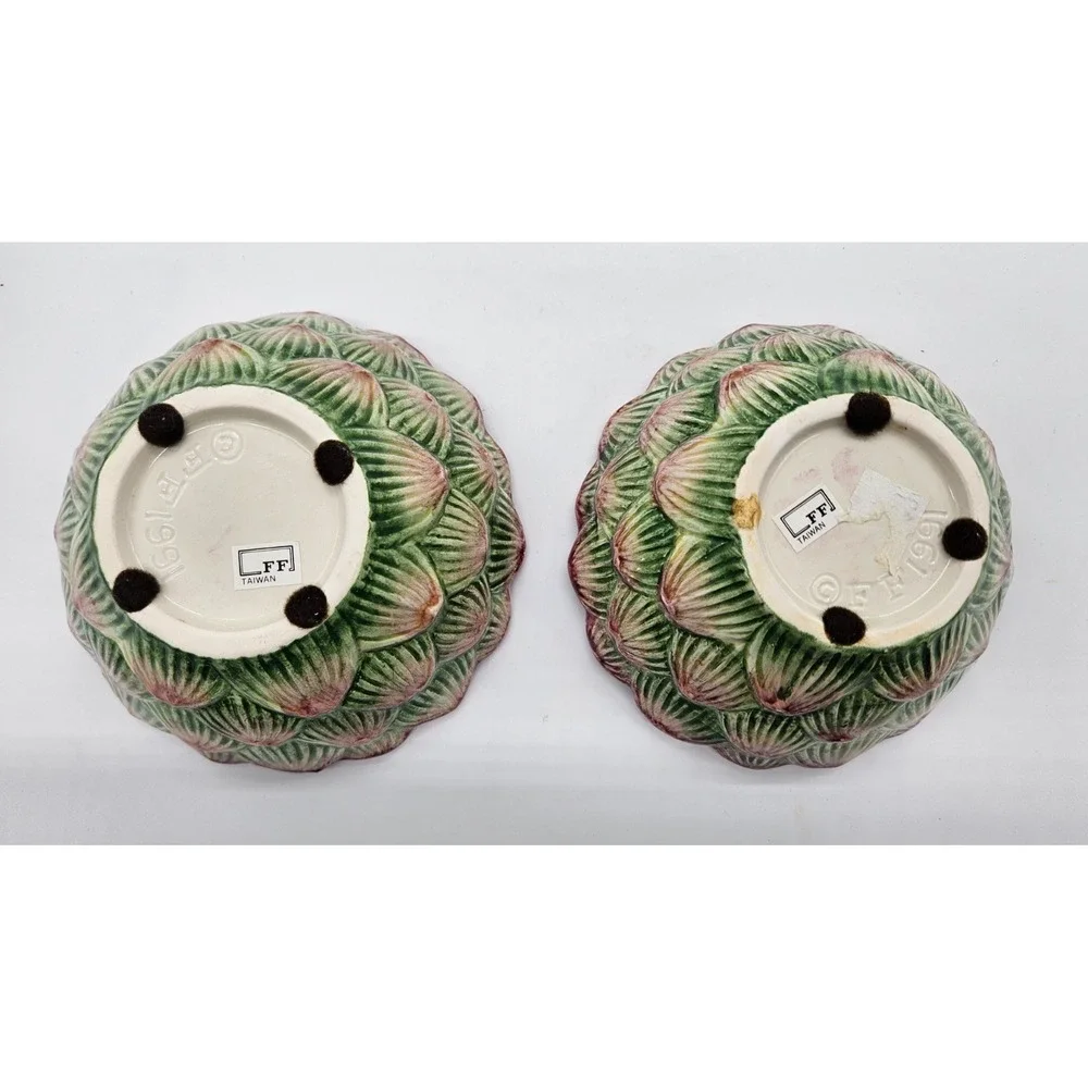 Fitz & Floyd 1991 Artichoke Bowls Set of 2 Green Purple Ceramic Botanical Decor